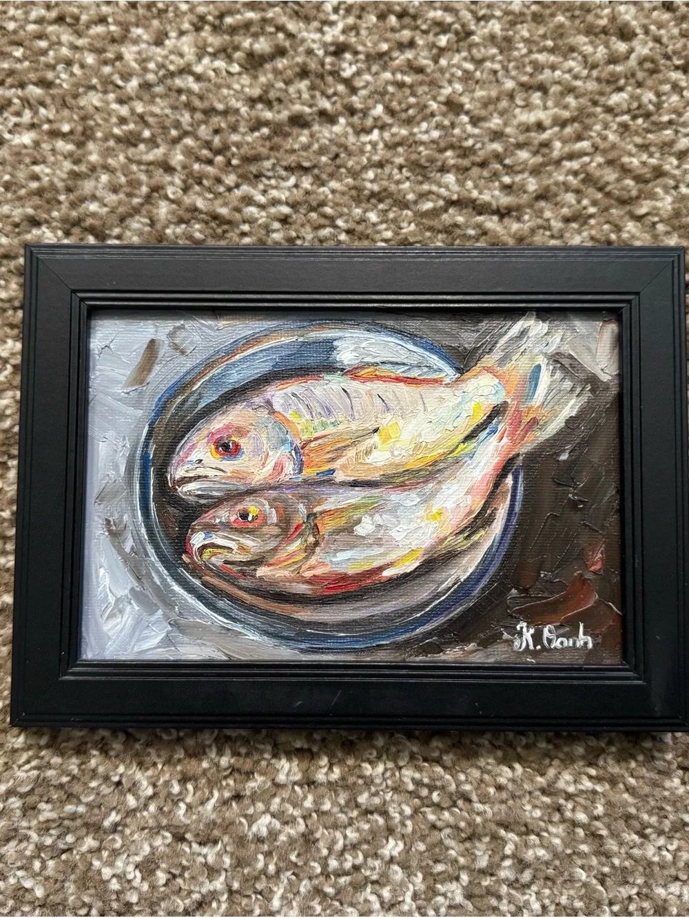 Original oil painting still life fishes signed framed 4x6 inches